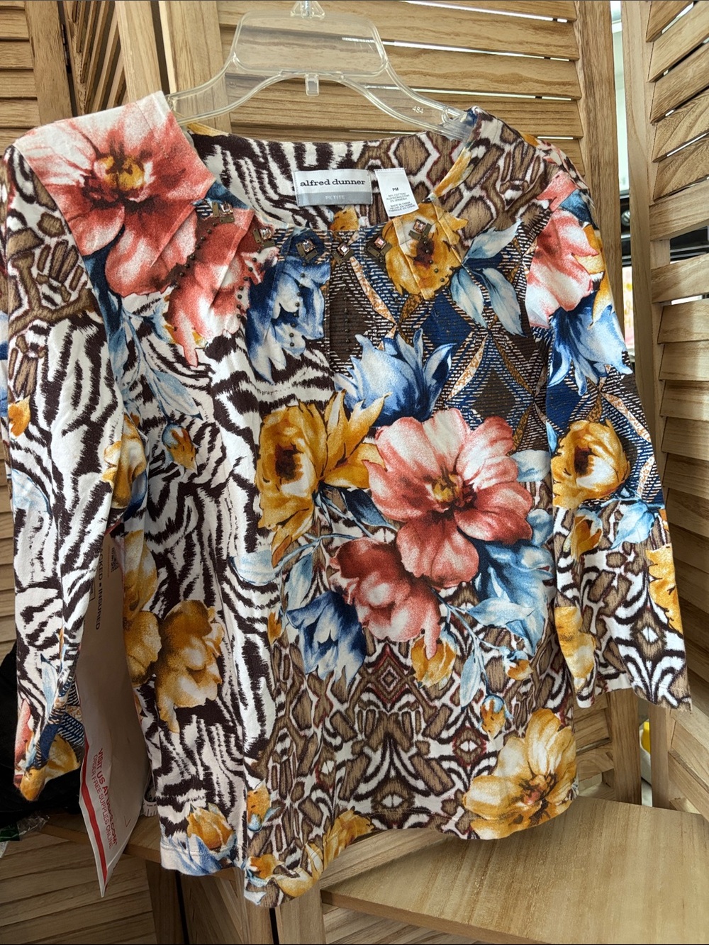 Alfred Dunner Floral Top in Brown, Blue, Pink & Yellow W/ An Embellished Neck PM